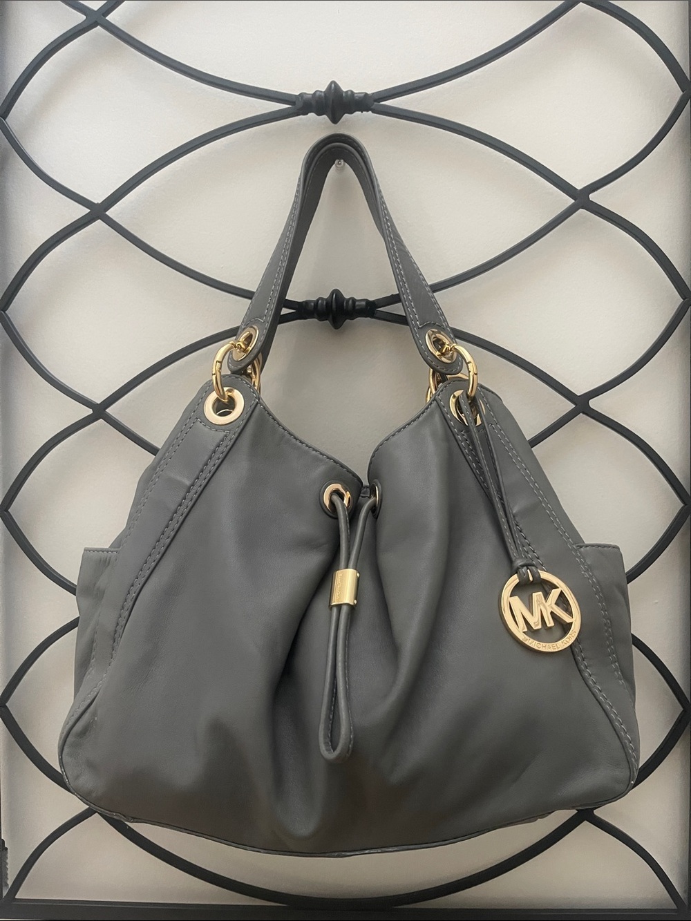 Michael Kors Gray Leather Hobo Shoulder Bag with Gold MK Charm